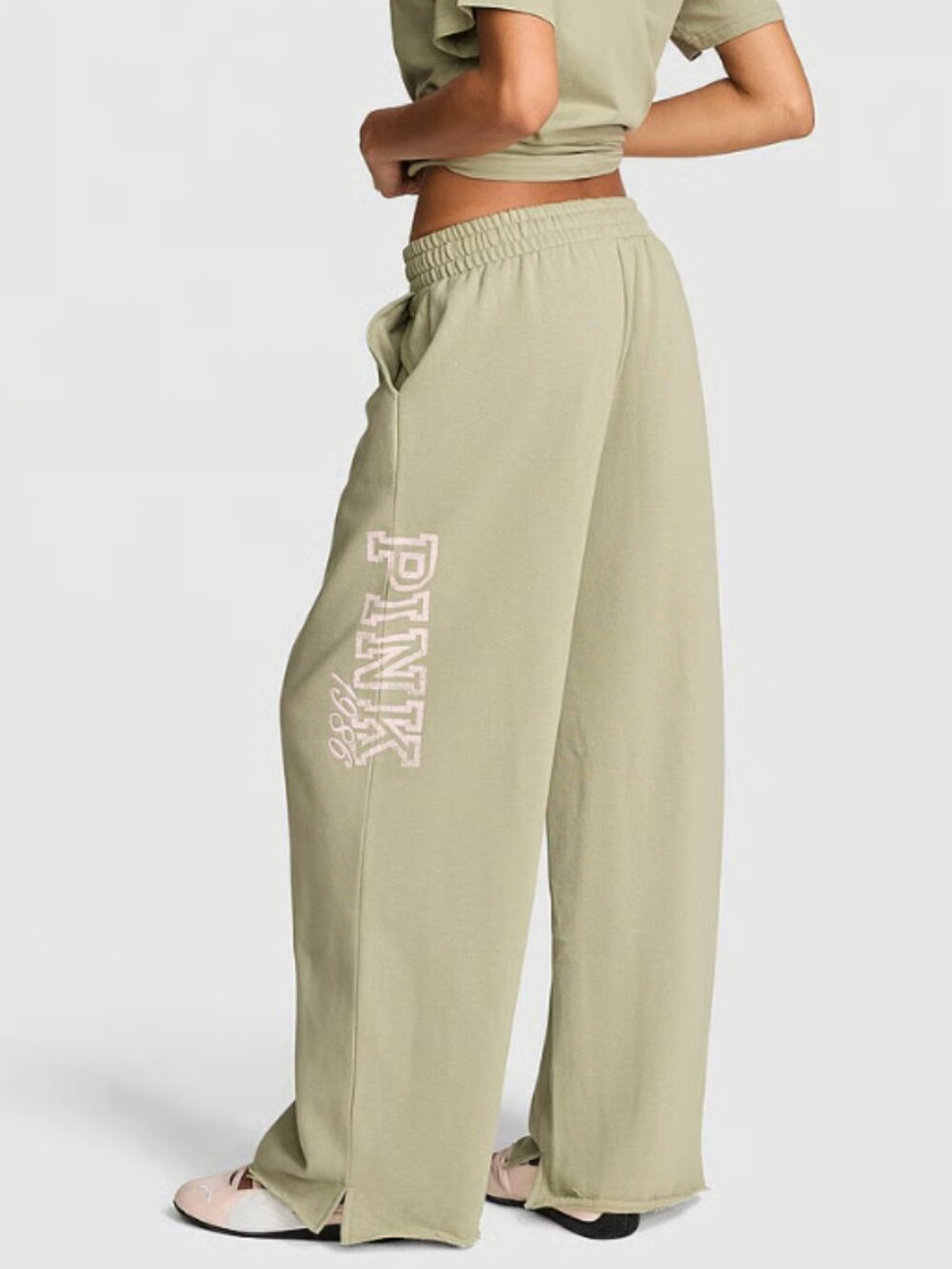 PINK Victoria's Secret Ivy Fleece Slate Green Wide Leg Sweatpants - NWT